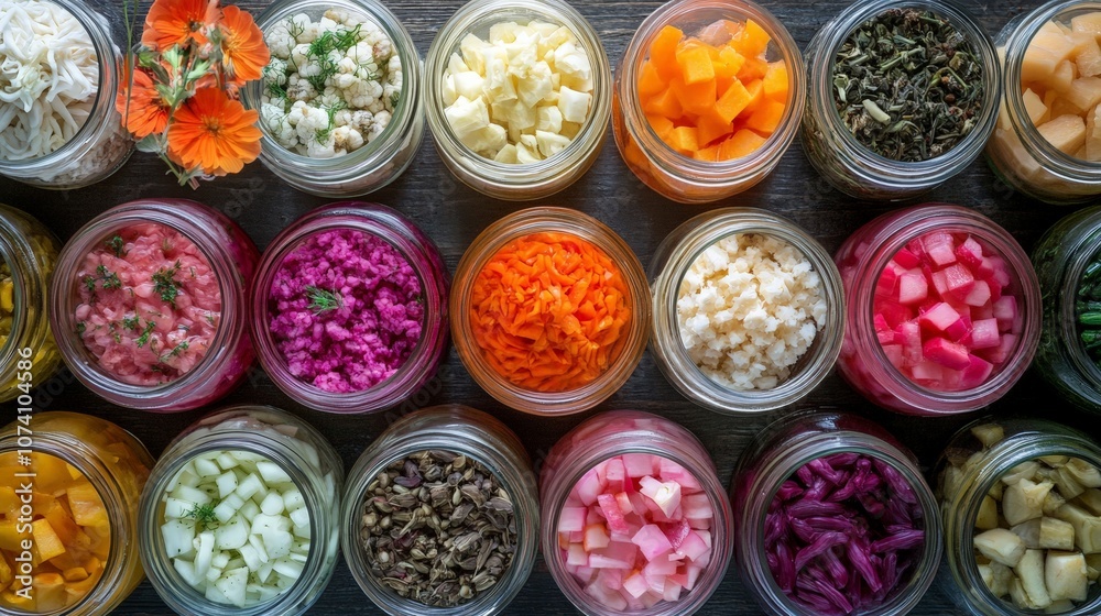 A variety of fermented vegetables in glass jars, neatly arranged in a colorful display A variety of fermented vegetables in glass jars, neatly arranged in a colorful display
