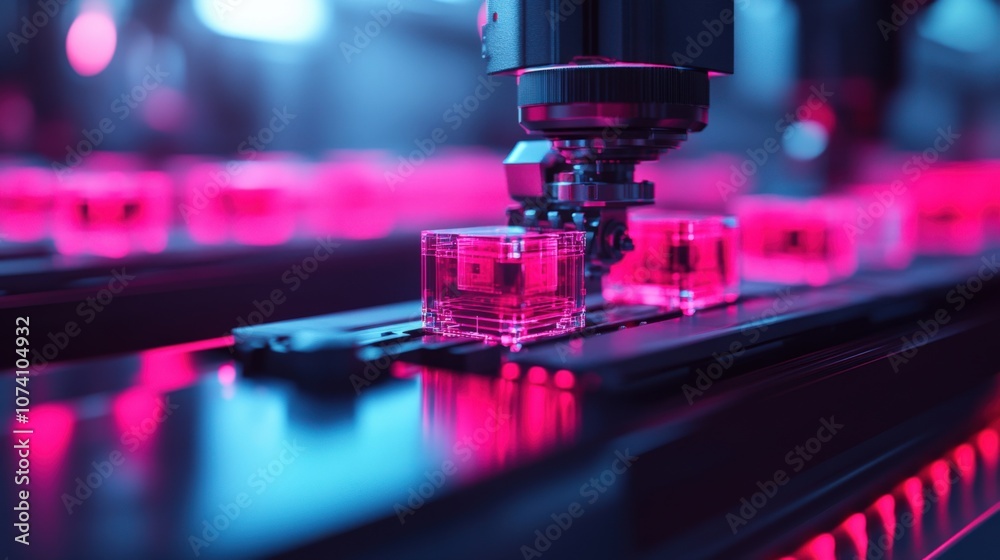 High-Tech Manufacturing with Neon Lighting in a Modern Factory
