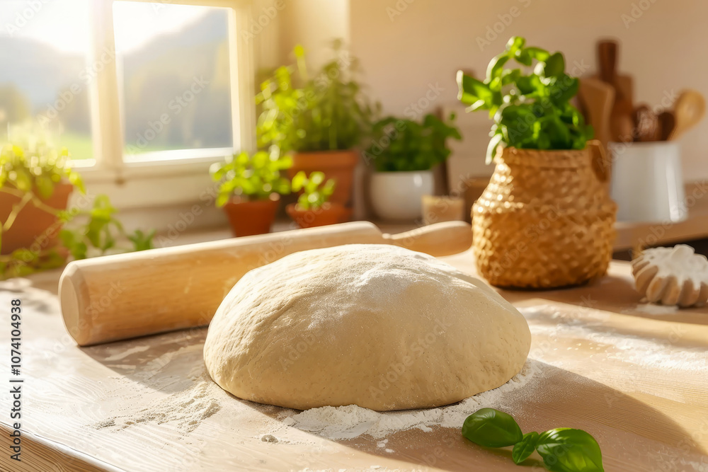 Preparing pizza dough on a floured countertop with a rolling pin and soft natural light