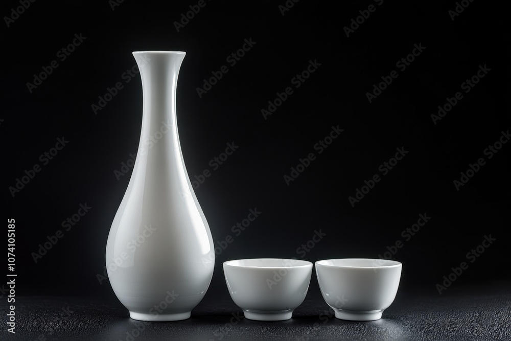Sake and cups set against a black backdrop ready for consumption