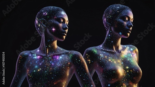 An ethereal figure, glowing with a rainbow of colors against a stark black backdrop. This is a digital avatar, created with luminous phosphorescence, appearing almost like a celestial being in a vinta photo