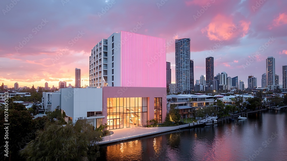 Naklejka premium Modern architectural marvel enhances city skyline with vibrant design and serene waterfront views