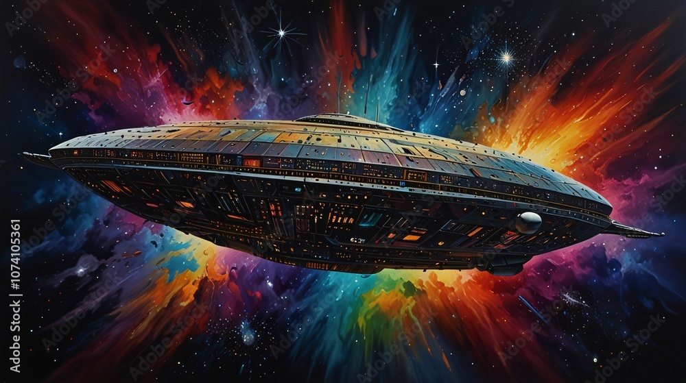 Obraz premium A celestial spaceship, divine and resplendent, gleams in an acrylic painting. The main subject is a majestic, otherworldly vessel surrounded by cosmic beauty.