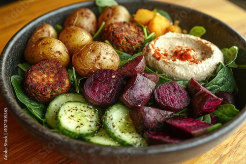 Salad of cucumber and spinach served with beetroot falafel hummus and roasted potatoes photo