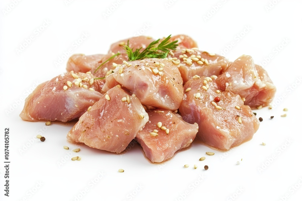 Season teriyaki chicken with sesame seeds against a white background Color shading Focused detail Season teriyaki chicken with sesame seeds against a white background Color shading Focused detail