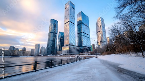 Explore the stunning architecture of skyscrapers along the snowy waterfront in winter landscape photo