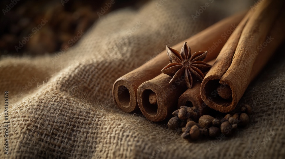 Organic Spices Arrangement with Cinnamon and Star Anise on Rustic Fabric Organic Spices Arrangement with Cinnamon and Star Anise on Rustic Fabric