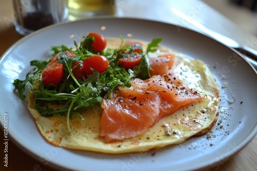 Smoked salmon with rocket salad on crepe pancakes