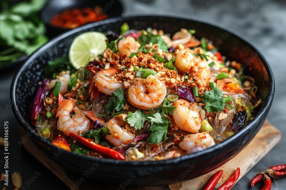 Spicy glass noodle salad with shrimp minced pork and squid in chili sauce Spicy glass noodle salad with shrimp minced pork and squid in chili sauce