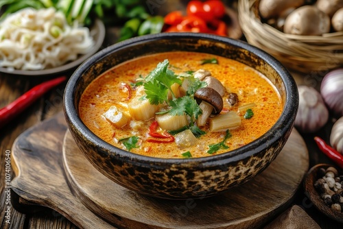 Spicy bamboo soup with mushrooms traditional Thai dish