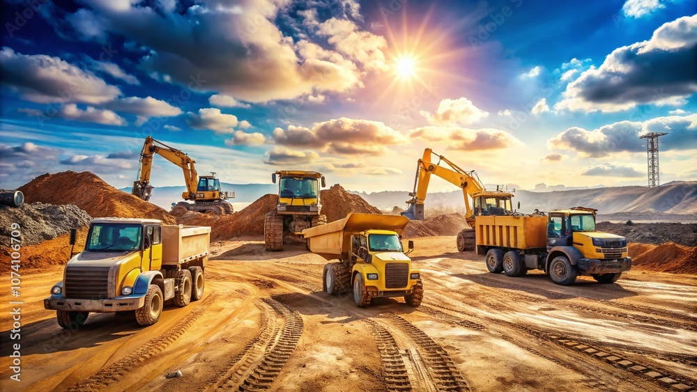 Heavy Construction Equipment Trucks on a Job Site in Action, Captured with Rule of Thirds Composition for Dynamic Visual Appeal and Industry Impact Heavy Construction Equipment Trucks on a Job Site in Action, Captured with Rule of Thirds Composition for Dynamic Visual Appeal and Industry Impact