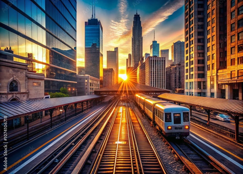 Naklejka premium High Angle View of a Passenger Train at a Junction on Elevated Railroad Tracks in Downtown Chicago Showcasing Urban Architecture and Transportation Dynamics