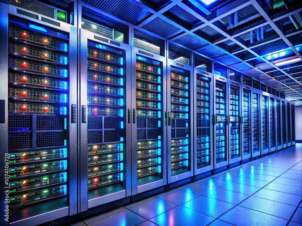 High-Definition Product Photography of Modern Servers in a High-Tech Computer Room with LED Lighting and Cables for Data Management and Storage Solutions High-Definition Product Photography of Modern Servers in a High-Tech Computer Room with LED Lighting and Cables for Data Management and Storage Solutions
