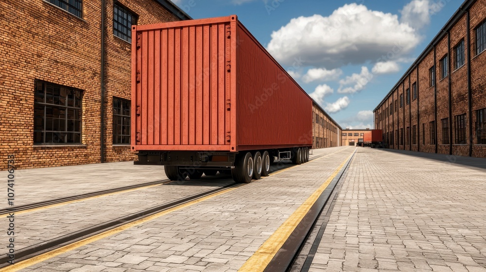 Obraz premium A shipping container truck parked on a cobblestone path between brick buildings under a blue sky with fluffy clouds.