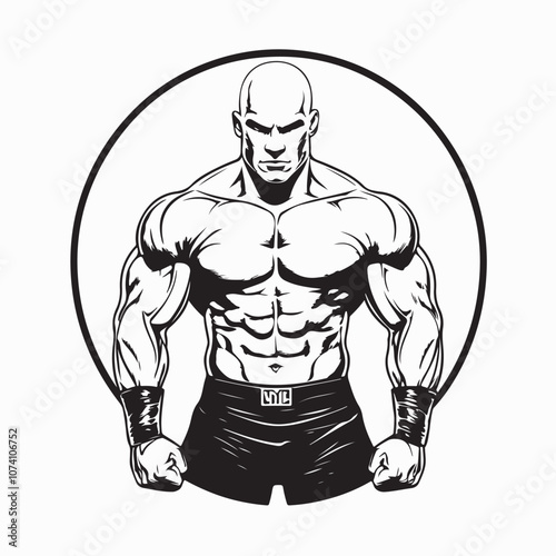 Strong Bald Man Images vector. Standing big muscular bald male pro wrestler image vector isolated on white background.