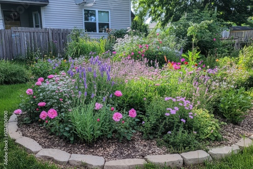 Summer garden bed featuring sage pink roses and other perennials