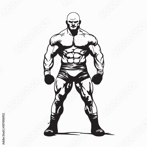 Muscular Bald Man Images vector. Standing big muscular bald male pro wrestler image vector isolated on white background.