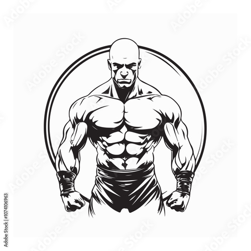 Strong Bald Man Images vector. Standing big muscular bald male pro wrestler image vector isolated on white background.