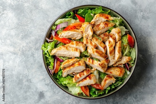 Thai chicken salad in a bowl on a light stone backdrop overhead view