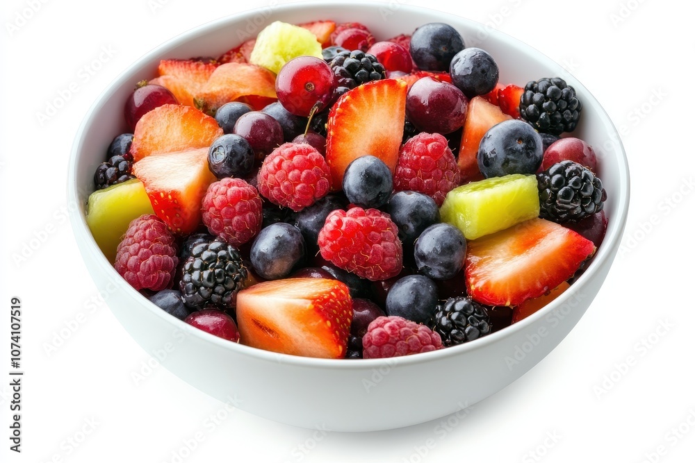 Top view of a colorful berry fruit salad with cream on a white background featuring strawberries blueberries raspberries blackberries and red currants Top view of a colorful berry fruit salad with cream on a white background featuring strawberries blueberries raspberries blackberries and red currants
