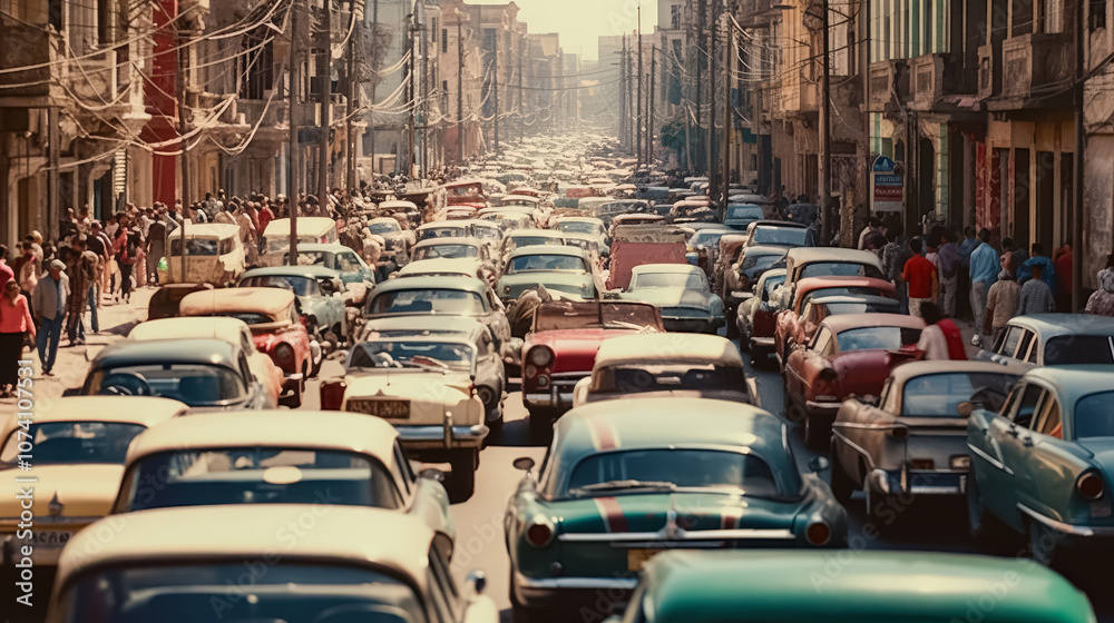 Fototapeta Busy city street with many cars and people.