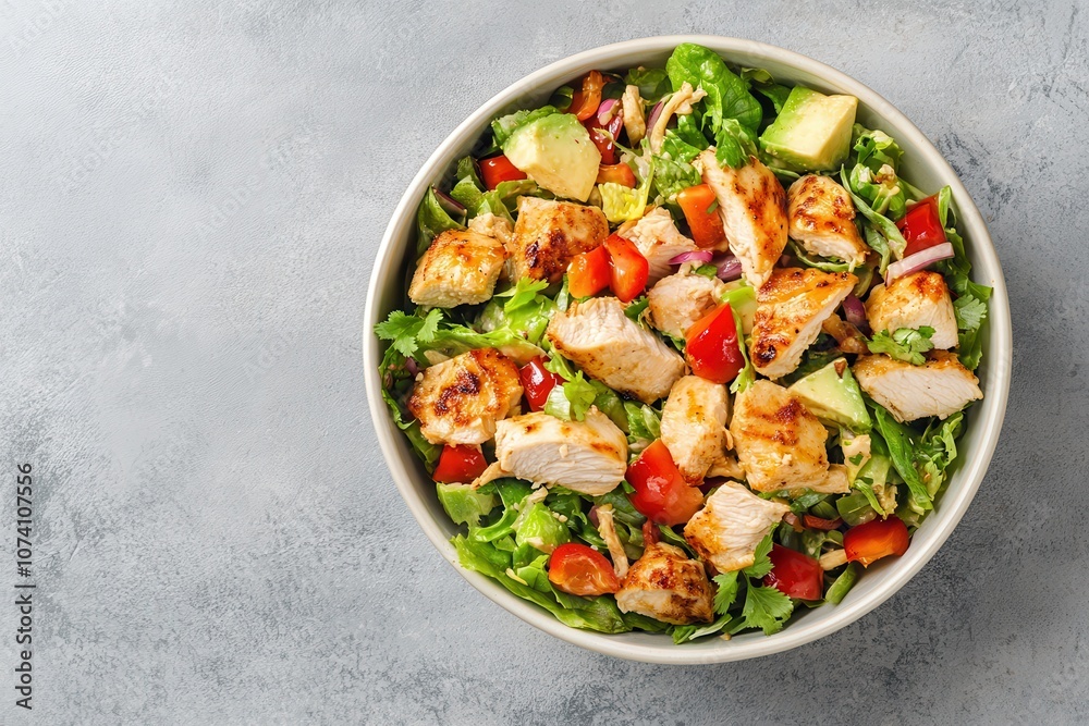 Top view of a crunchy Thai chicken salad in a bowl on a light stone surface Top view of a crunchy Thai chicken salad in a bowl on a light stone surface