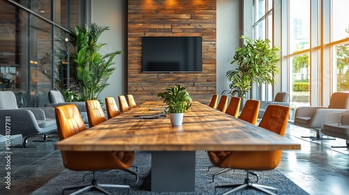 Stylish Office Conference Room with Modern Design Featuring a Large Wooden Table  Comfortable Chairs  and Bright Natural Light for Professional Meetings
