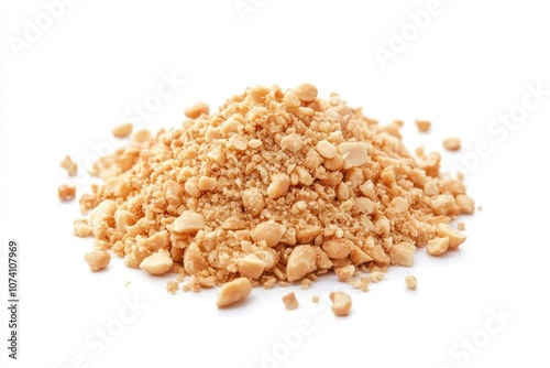 Top view of broken roasted peanuts and crumbs on a white background photo