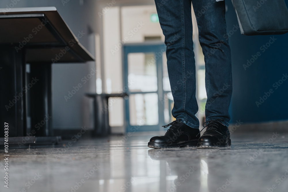 A casually dressed student stands in a modern university hallway. The focus is on the student's legs, capturing a sense of anticipation and movement in an academic setting. A casually dressed student stands in a modern university hallway. The focus is on the student's legs, capturing a sense of anticipation and movement in an academic setting.