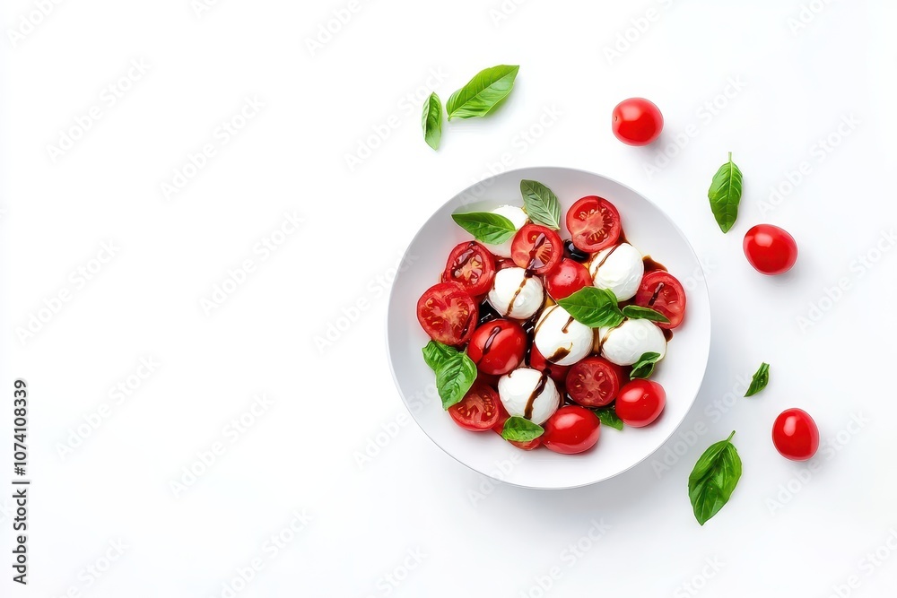 Traditional Caprese salad featuring creamy mozzarella ripe seasonal tomatoes and abundant basil served with balsamic drizzle on a white background Traditional Caprese salad featuring creamy mozzarella ripe seasonal tomatoes and abundant basil served with balsamic drizzle on a white background