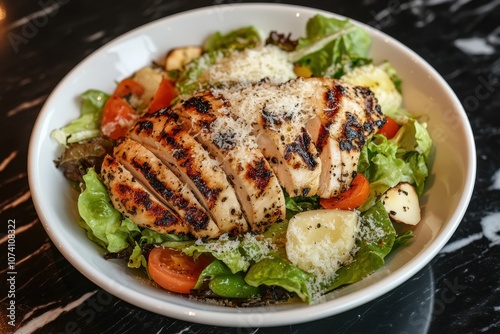 Traditional Caesar salad with grilled chicken and Parmesan Overhead view