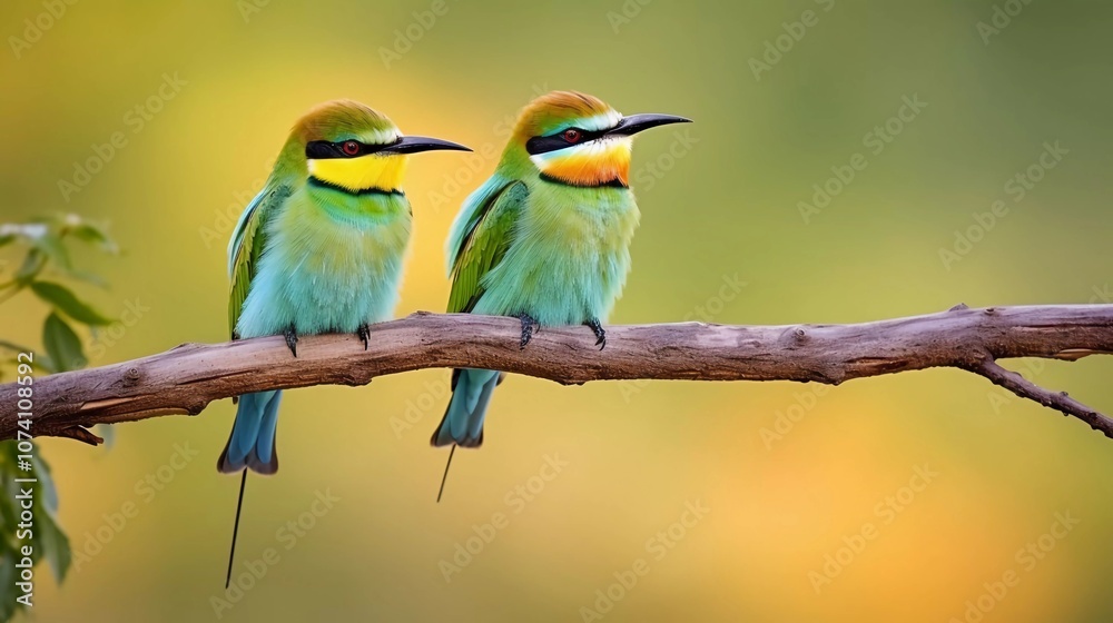 Two vibrant green birds perched on a branch against a blurred background. Two vibrant green birds perched on a branch against a blurred background.