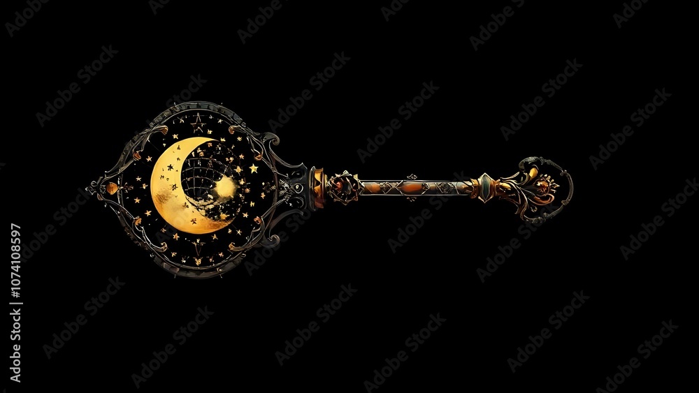 Fototapeta premium A celestial key with intricate star and moon engravings, glowing slightly against a simple black background