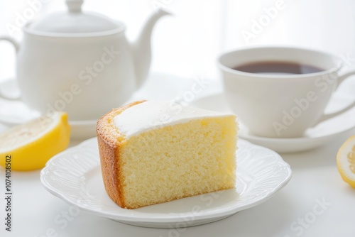 Traditional lemon pound cake beside a white teapot and coffee cup on a light backdrop Blurred background