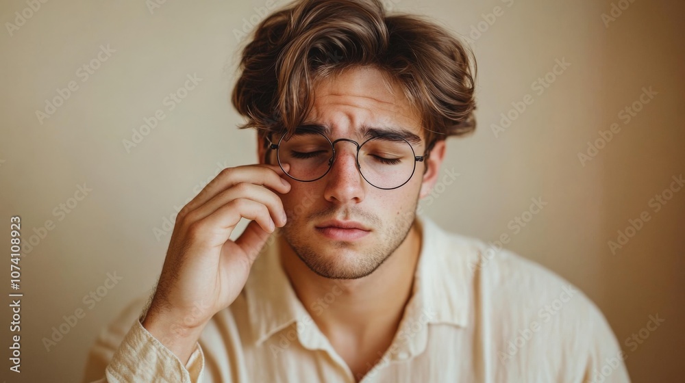 Thoughtful Young Man in Soft Light with Glasses Thoughtful Young Man in Soft Light with Glasses