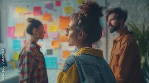 A small group of freelancers gathered around a whiteboard brainstorming ideas together.