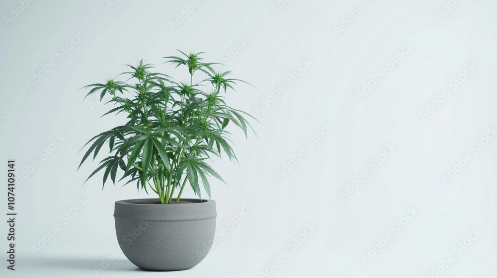 Cannabis plant in a gray pot with vibrant green leaves. Cannabis plant in a gray pot with vibrant green leaves.