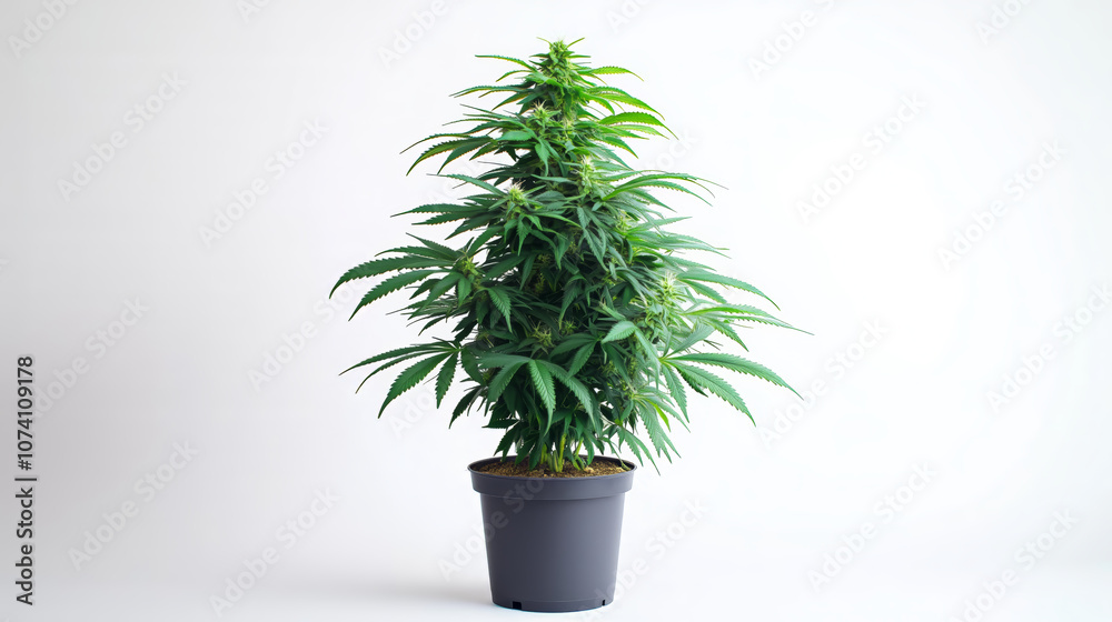 Large cannabis plant with thick green leaves in a black pot. Large cannabis plant with thick green leaves in a black pot.