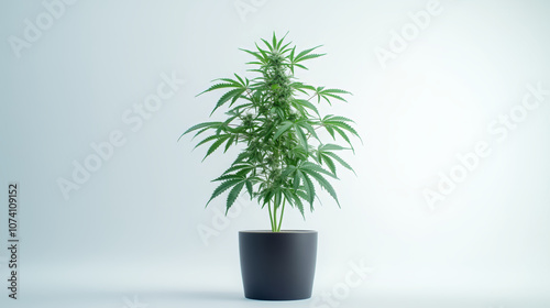 Cannabis plant in a beige pot with slender, detailed green leaves.