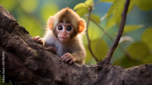 A curious baby monkey perched on a tree branch, surrounded by lush greenery.