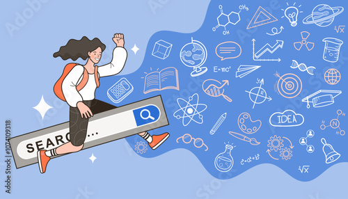 Online search for education and knowledge. A student uses an internet search bar to research and discover information. Vector concept for e-learning, school study, and finding data on the web.