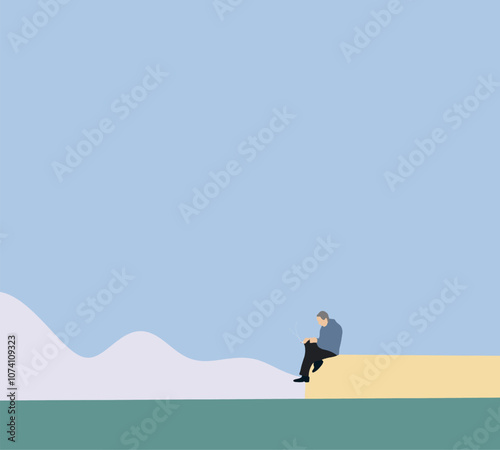 Old man sitting and smoking cigarette with minimal landscape mountain view. Enjoying vacation or retirement