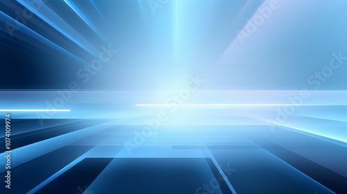 Geometric figure in neon light against a dark tunnel. Laser glow.  Dark background with lines and spotlights  neon light  night view. Abstract blue background.