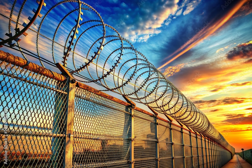 Fototapeta premium Isometric View of Razor Wire Fence for Military and Prison Security, 3D Rendering with Copy Space for Custom Text and Graphics