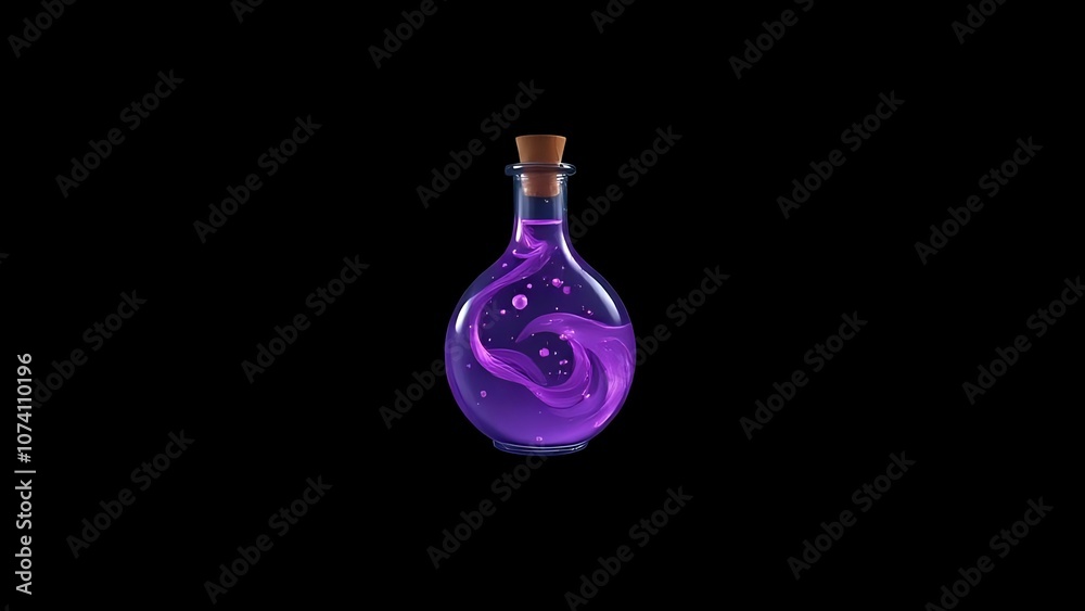 A mysterious floating potion bottle with a purple, swirling liquid and glowing particles, set against a plain black background A mysterious floating potion bottle with a purple, swirling liquid and glowing particles, set against a plain black background