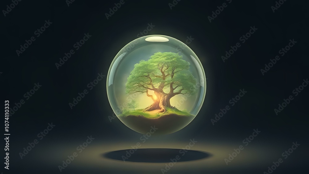 A glowing glass orb with a small enchanted forest inside, suspended on a blank background, radiating faint, magical light A glowing glass orb with a small enchanted forest inside, suspended on a blank background, radiating faint, magical light