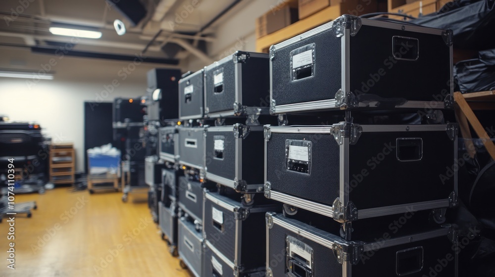 Stacked Black Cases in a Large Room Stacked Black Cases in a Large Room