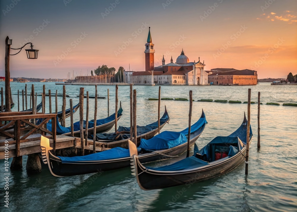 Fototapeta premium Long Exposure Gondolas on the Grand Canal with San Giorgio Maggiore Basilica in the Background – Capturing the Essence of Venice's Timeless Beauty