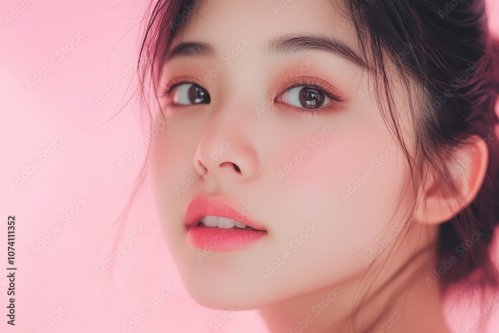 Bright elegant portrait of a young Asian woman with a pink backdrop Bright elegant portrait of a young Asian woman with a pink backdrop
