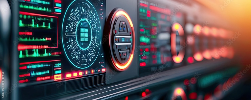 Futuristic control panel with glowing buttons and display screens. Futuristic control panel with glowing buttons and display screens.